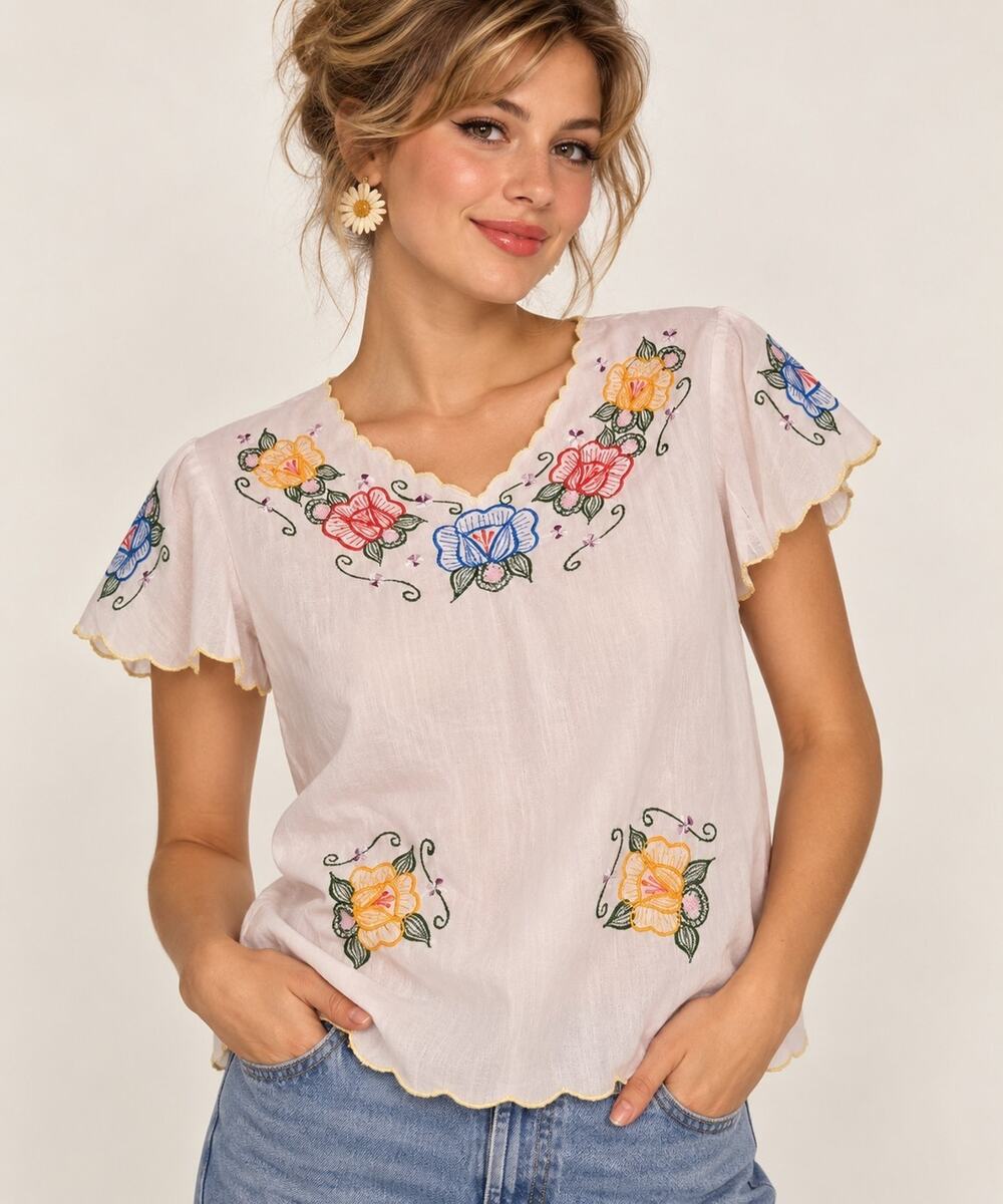 Vtg Madame Lisette Mexico Embroidered Floral L Blouse Scalloped Boho Peasant Top